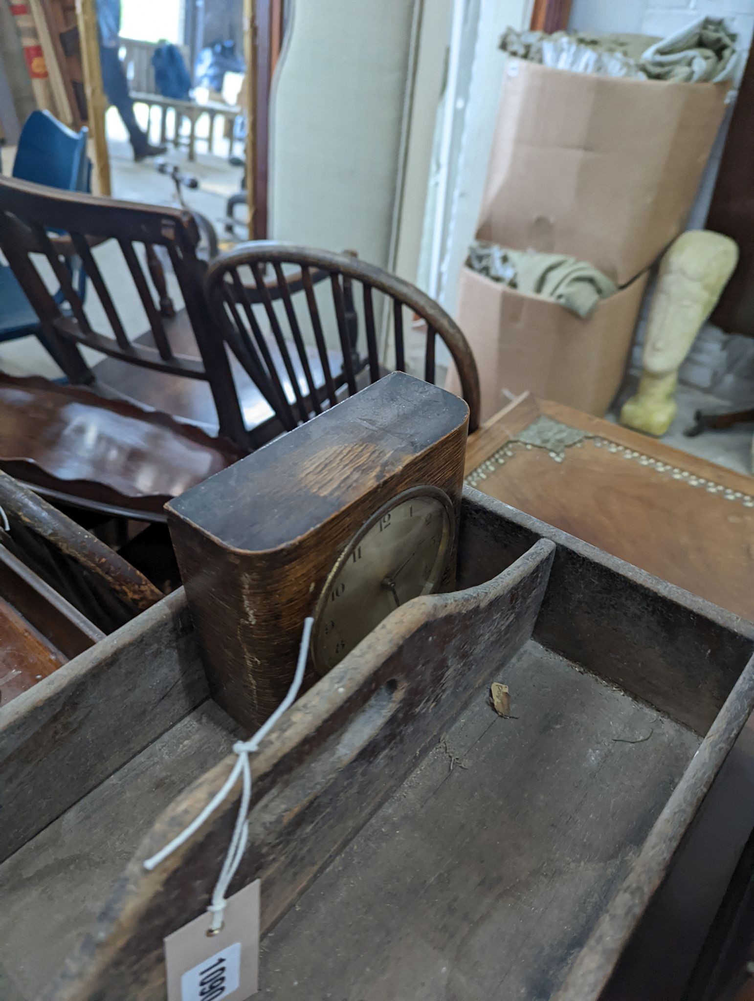 A Victorian oak smoker's box, two olive wood book rests, money box, tray, clock and a cutlery box and another